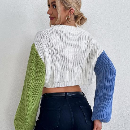 Bubble Sleeve Contrast Color Blocking Thick Crop Top Sweater