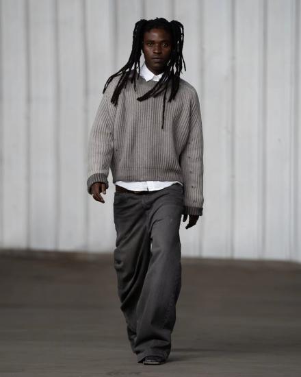 Dark gray ribbed knit sweater flatlay