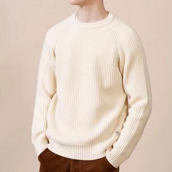Cream colored men's round neck knit sweater
