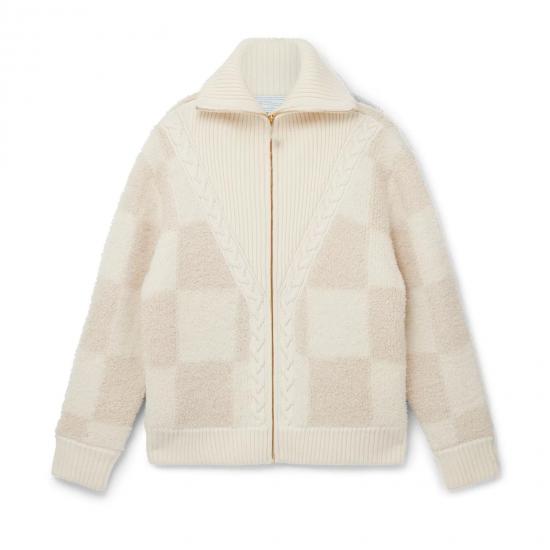 Off-white checkered pattern knit cardigan