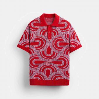 Red polo shirt with white curved pattern