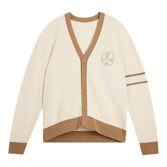 Beige V-neck cardigan with brown contrast trim
