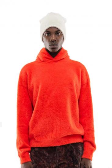 Orange plush hooded sweatshirt on model
