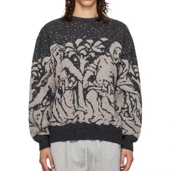 Gray knit sweater with vintage scenic pattern