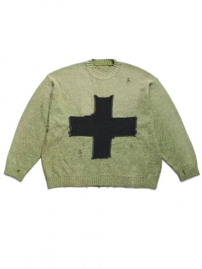 Olive green knit sweater with cross patch