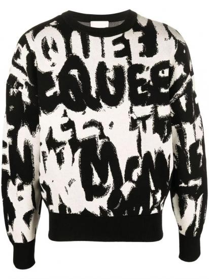Black and white graffiti letter knit sweater