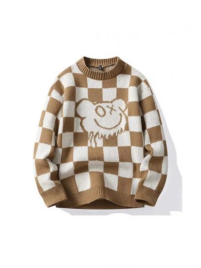 Brown and white checkerboard knit sweater