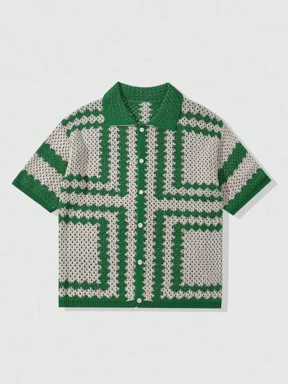 Green geometric pattern knit polo shirt