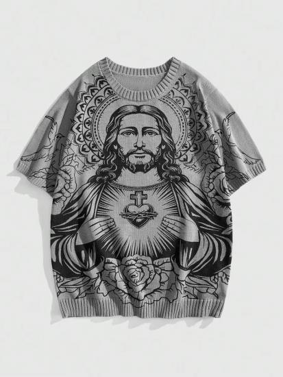 Gray knit sweater with religious art