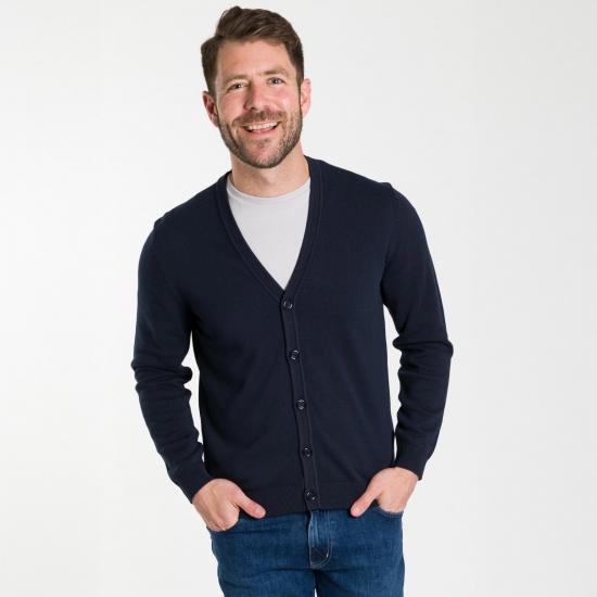 Navy V-neck knit cardigan on model