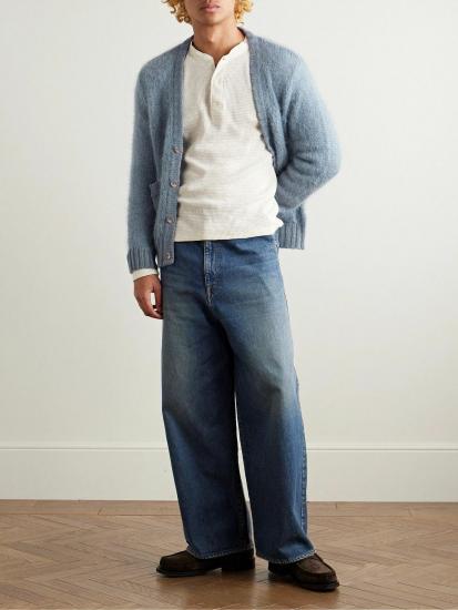 Light blue knit cardigan outfit on model