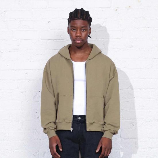 Khaki crop zip up hoodie with pocket