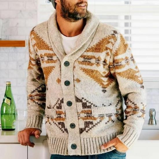 Men's beige geometric pattern cardigan