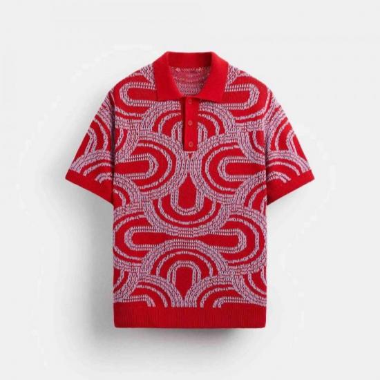 Red polo shirt with white curved pattern