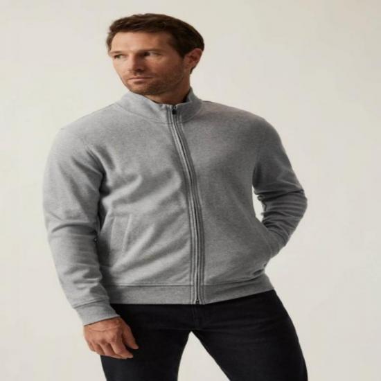 Light gray zip-up jacket on male model