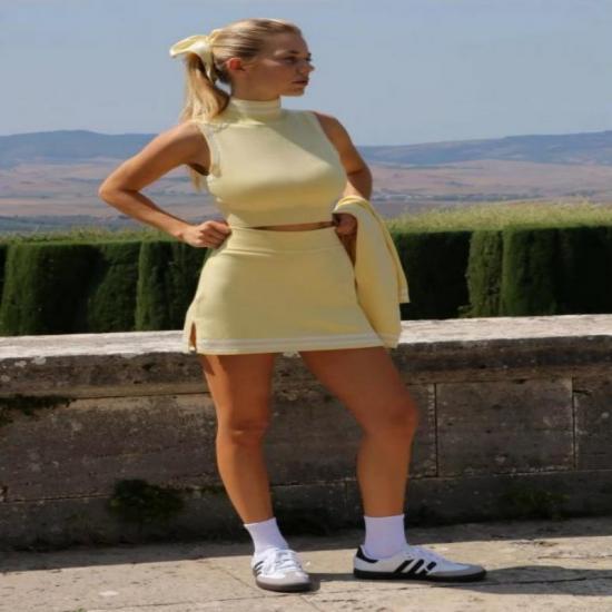 Model in light yellow casual wear set