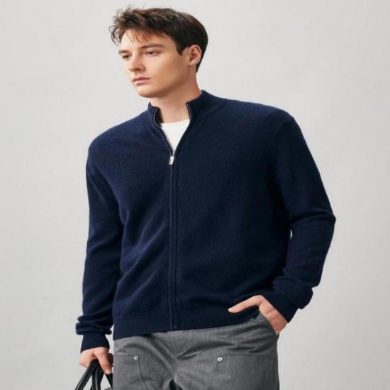 Navy blue zip up cardigan on model