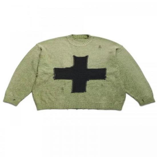Olive green knit sweater with cross patch