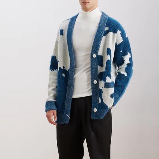 Blue and white tie-dye knit cardigan