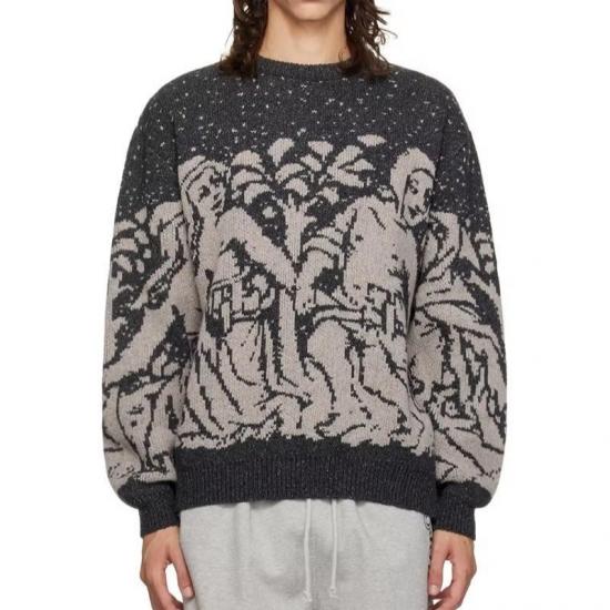 Gray knit sweater with vintage scenic pattern