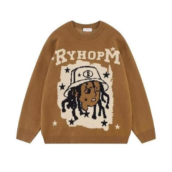 Cartoon character design on brown sweater
