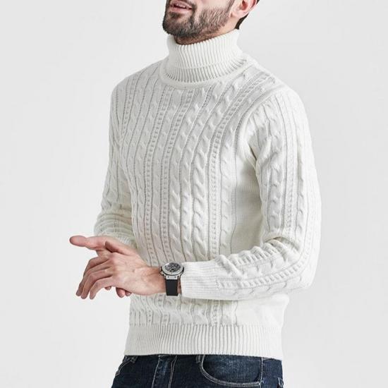 Men's white cable knit turtleneck sweater