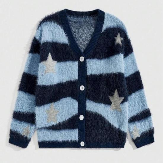 Starry night pattern on fuzzy blue cardigan