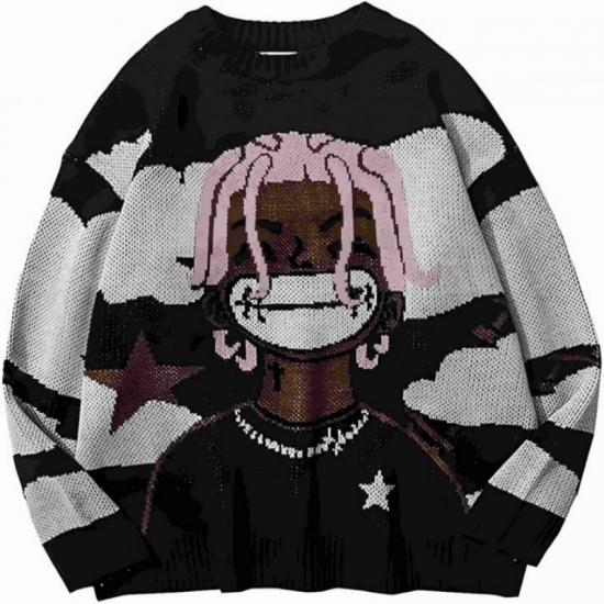 Black sweater with bold cartoon character print