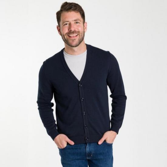 Navy V-neck knit cardigan on model