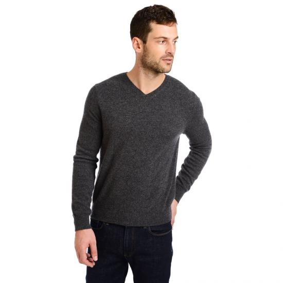 Gray V-neck sweater with dark jeans