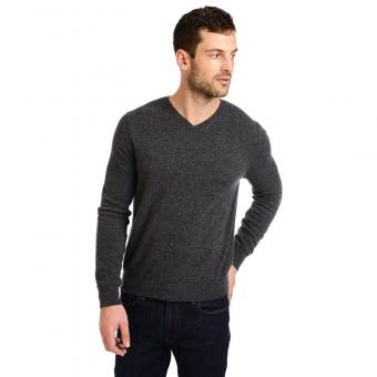 Gray V-neck sweater with dark jeans