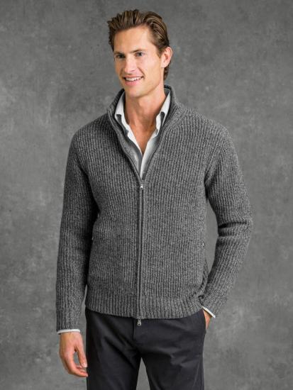 Grey zip cardigan over white shirt