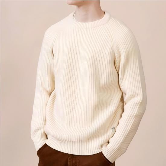 Cream colored men's round neck knit sweater