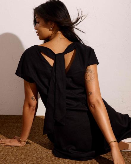 Louvre Bow Back Linen Dress - Black