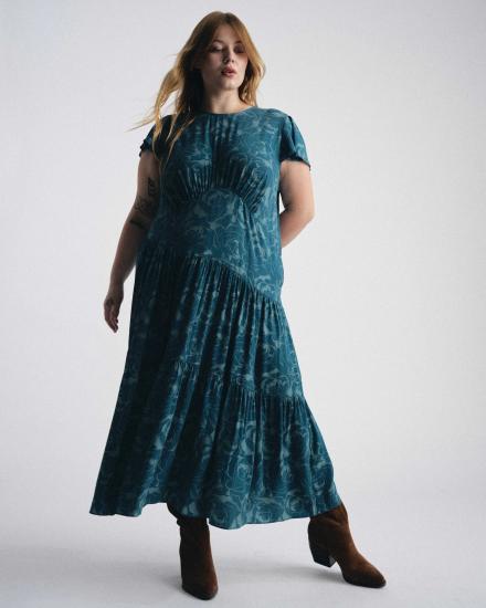Mariella Stretch Cupro Dress - Rose Print in Deep Teal