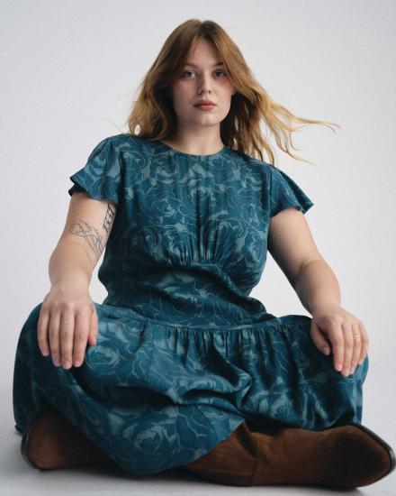 Mariella Stretch Cupro Dress - Rose Print in Deep Teal