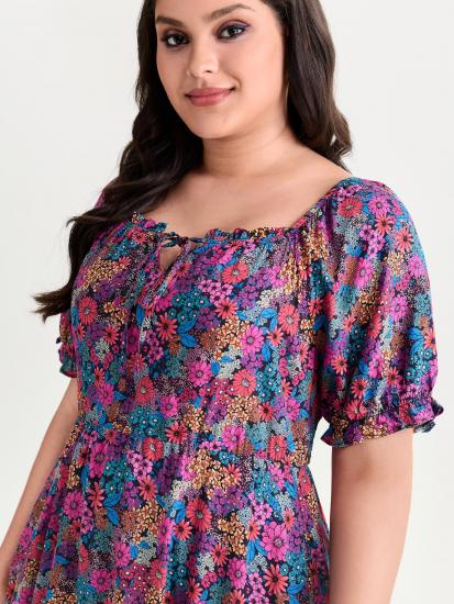 Sweet Floral Print Puff Sleeve Midi Dress